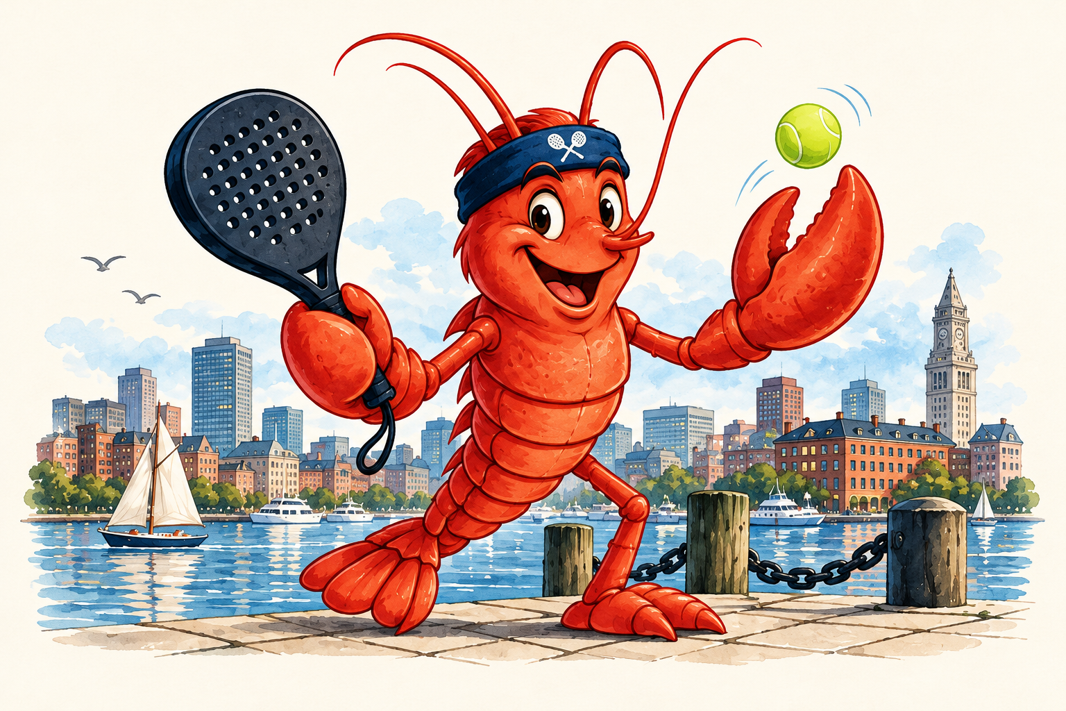 A cheerful Boston lobster holding a padel racket by the waterfront.
